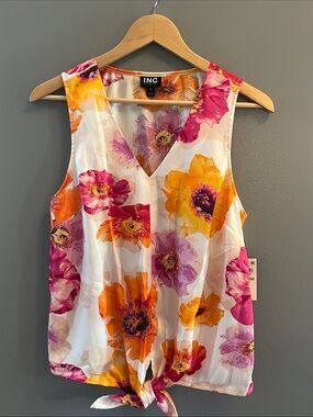 INC International Concepts White Floral Tie-Front V-Neck Camisole
